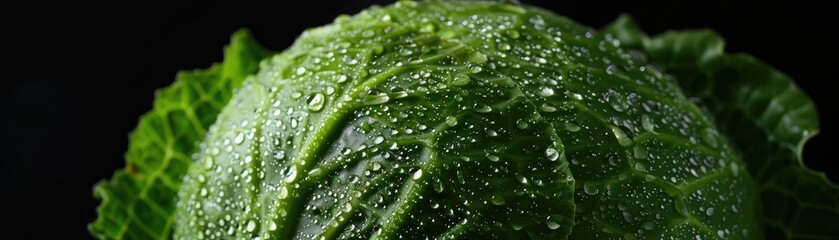 Close-up of a fresh green cabbage with water droplets on the leaves, isolated on a black background, highlighting its texture and freshness.