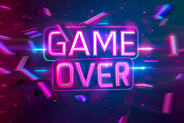 Modern colorful glitched effect neon Game Over title inscription text gaming design screen background.