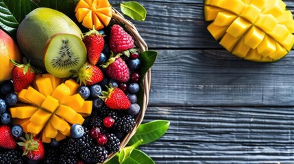 Vibrant assortment of fresh fruits including mangoes, strawberries, and kiwis displayed in a basket on a rustic wooden table.