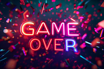 Modern colorful glitched effect neon Game Over title inscription text gaming design screen background.