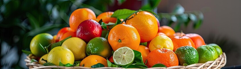 A vibrant assortment of fresh citrus fruits including oranges, lemons, limes, and a single red apple placed in a woven basket.