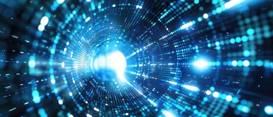 Fototapeta premium futuristic blue LED light tunnel, with shimmering lights and reflections creating an immersive experience