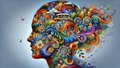 Naklejka premium Surrealistic and Colorful Human Profile Filled with Vibrant Nature Scenes, Animals, and Abstract Forms
