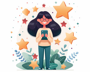 A cheerful girl with glasses holds a smartphone, surrounded by stars and plants, representing technology and creativity.