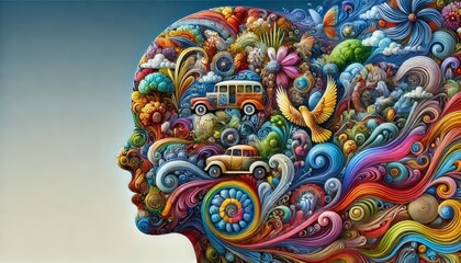 Naklejka premium Surrealistic and Colorful Human Profile Filled with Vibrant Nature Scenes, Animals, and Abstract Forms