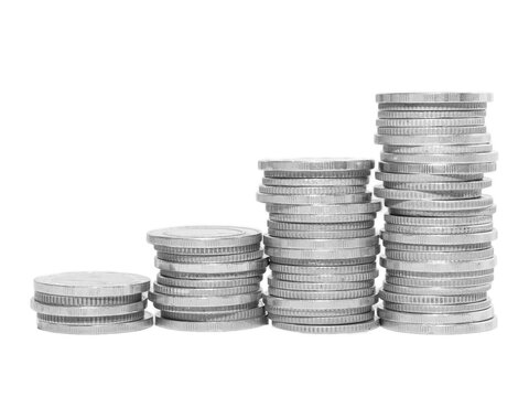 Stacks of silver coins arranged in ascending order, symbolizing growth, investment, wealth accumulation, and financial success on a white background