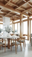 A spacious kitchen with tall windows and a central dining table. Stainless steel appliances and wooden cabinetry. Modern chairs in the dining area with plenty of natural light