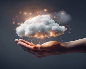 A hand reaches out to hold a glowing cloud, symbolizing creativity, ideas, and inspiration in a mystical atmosphere.