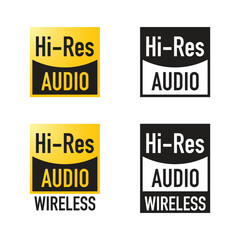 A set of Hi-Res audio icons, symbols for high-resolution audio, various file formats, and audio devices.
