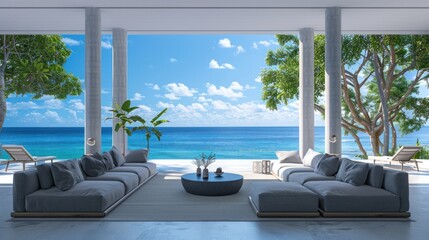Fototapeta premium Modern Beachfront Living Room with Ocean View