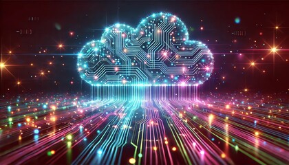 Futuristic Digital Cloud with Glowing Neon Circuits: Advanced Technology and Connectivity
