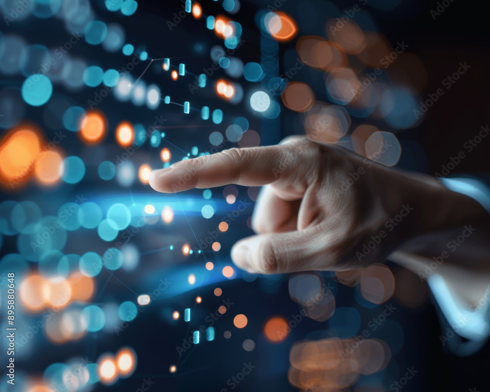 Poster close-up of a human hand interacting with a digital interface, showcasing data visualization and tec