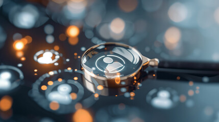 Close-up of a magnifying glass revealing digital icons, symbolizing search, analysis, and technology in a modern workspace.