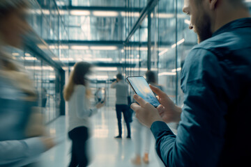 Obraz premium blurred several employees are looking at a phone at office