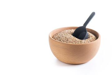 Rolled oats, healthy breakfast cereal oat flakes in bowl isolated on white background. Copy space