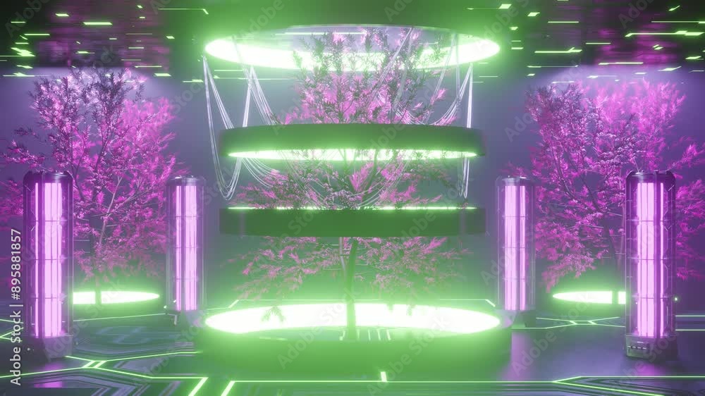 Aufkleber 3d rendering of trees with glowing lights in futuristic area