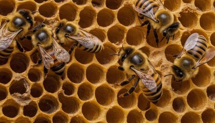 Close-Up of Honey Bees on Honeycomb: Detailed View of a Beehive with Busy Bees and Honey Cells