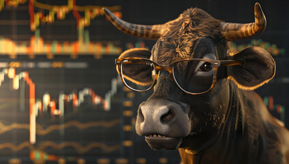 A clever bull with glasses analyzing stock market charts, symbolizing intelligent investment strategies and market analysis.