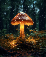 a magical mushroom in a chanted forest glowing by night, sharpen, 4k, ultra realistic