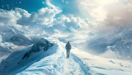 A lone hiker walks along a snow-covered mountain ridge under a vibrant blue sky, surrounded by majestic peaks and drifting snowflakes.