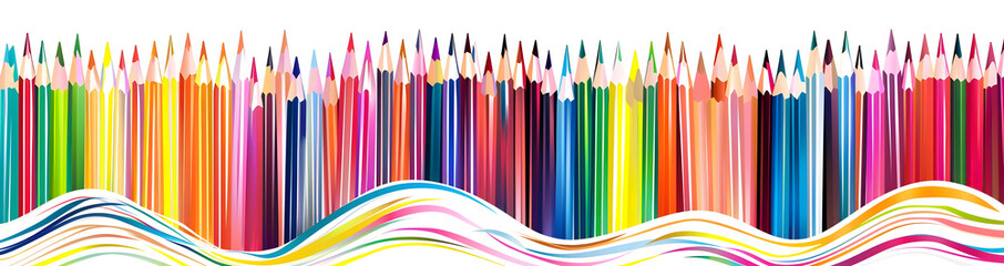 A vibrant collection of colorful pencils arranged in a row with wavy lines, perfect for art, education, and creative design use.