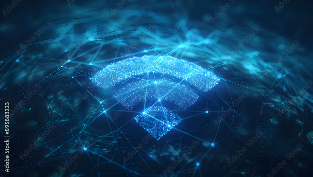 Poster abstract glowing wifi symbol formed by connecting digital lines in a dark blue network background de
