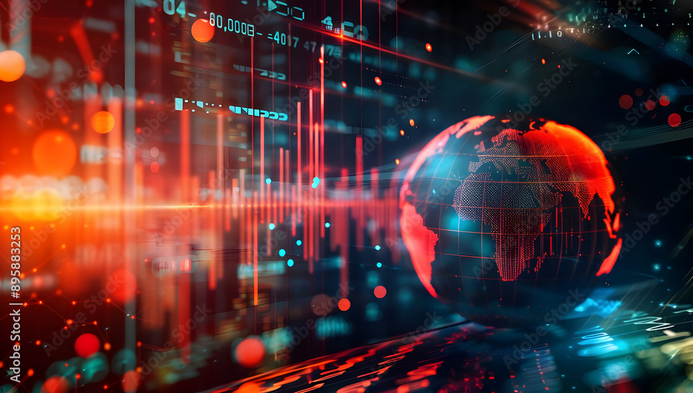 Poster abstract futuristic digital earth with glowing data elements and technology network design, represen