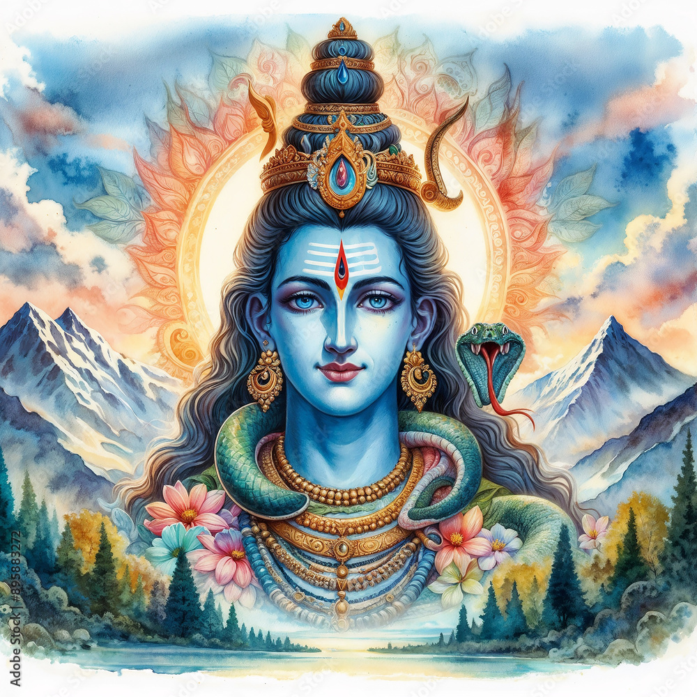 Wall mural god shiv watercolor illustration