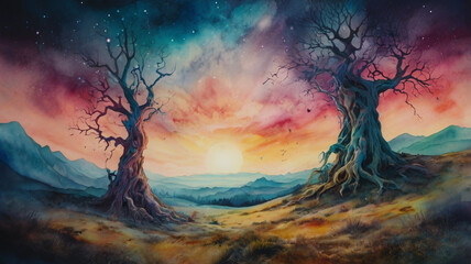 Watercolor painting: Supernatural spirits and mystical beings, astral realm, ethereal landscape, otherworldly wonder.