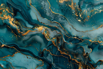 Abstract teal and gold marble pattern with swirling textures and vibrant colors, ideal for backgrounds and artistic designs.