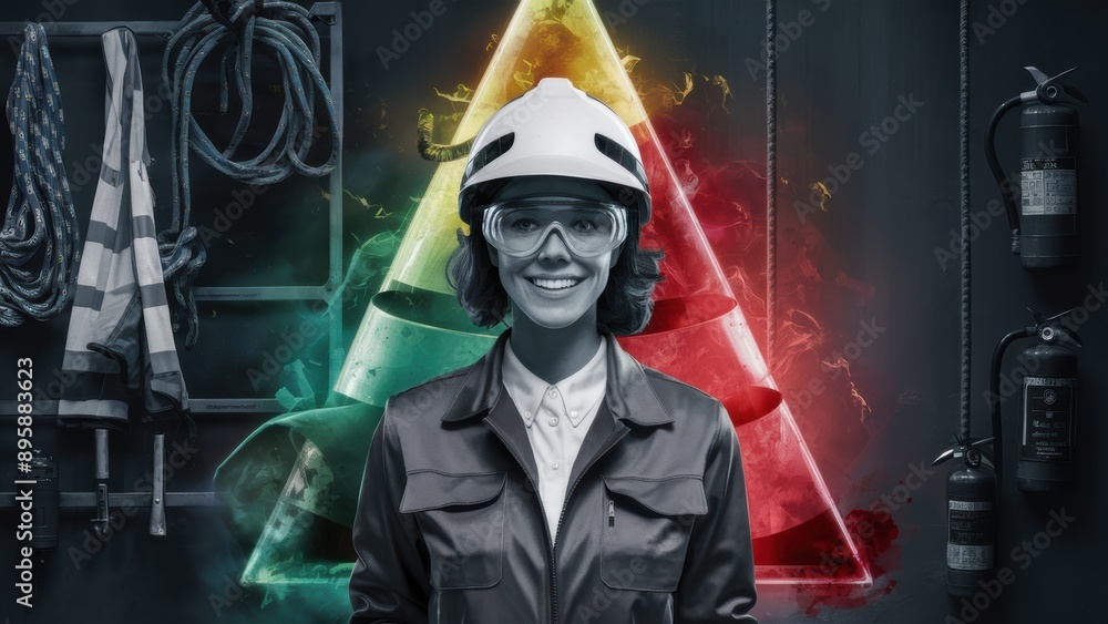 Sticker a woman in hard hat and safety glasses standing next to a triangle, ai