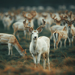 being unique concept. A herd of deer are standing in a field with one deer colored white standing out