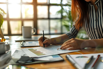 Fototapeta premium Businesswoman analyzing financial chart at desk with laptop, pen, and papers in sunlit office.