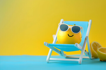 Cheerful lemon with sunglasses relaxing on a mini deck chair, vibrant summer background, fun and refreshing citrus concept.