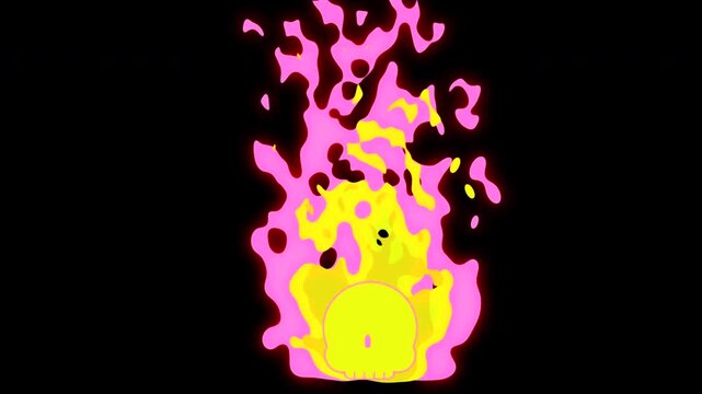 Comic Flamed Skull in Yellow Pink on Dark Background. Perfect for horror, Halloween, and gothic-themed hand drawn doodle scull on fire. Funny cartoon burning 