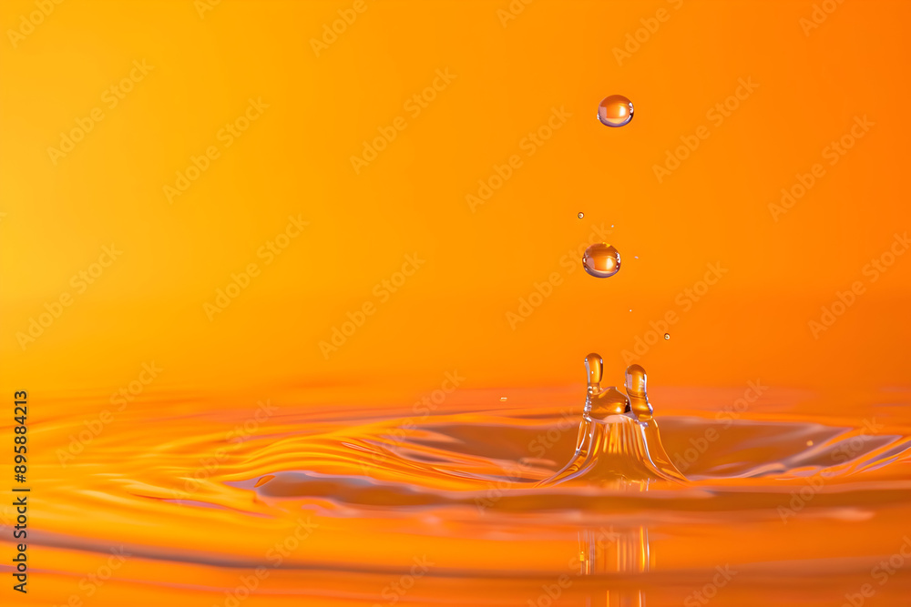 Poster close-up of water droplets falling into an orange-colored liquid, causing ripples and splashes, crea