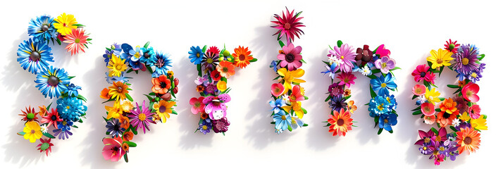 Colorful word 'spring' made from vibrant flowers, isolated on a white background. Perfect for seasonal and floral designs.