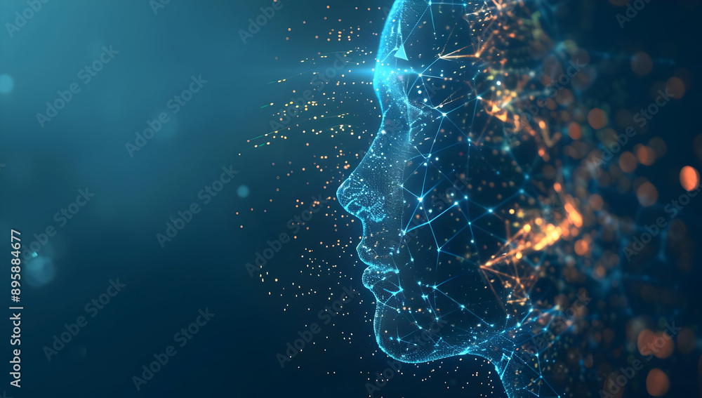 Poster digital futuristic human face with abstract connections and technology elements on a blue background