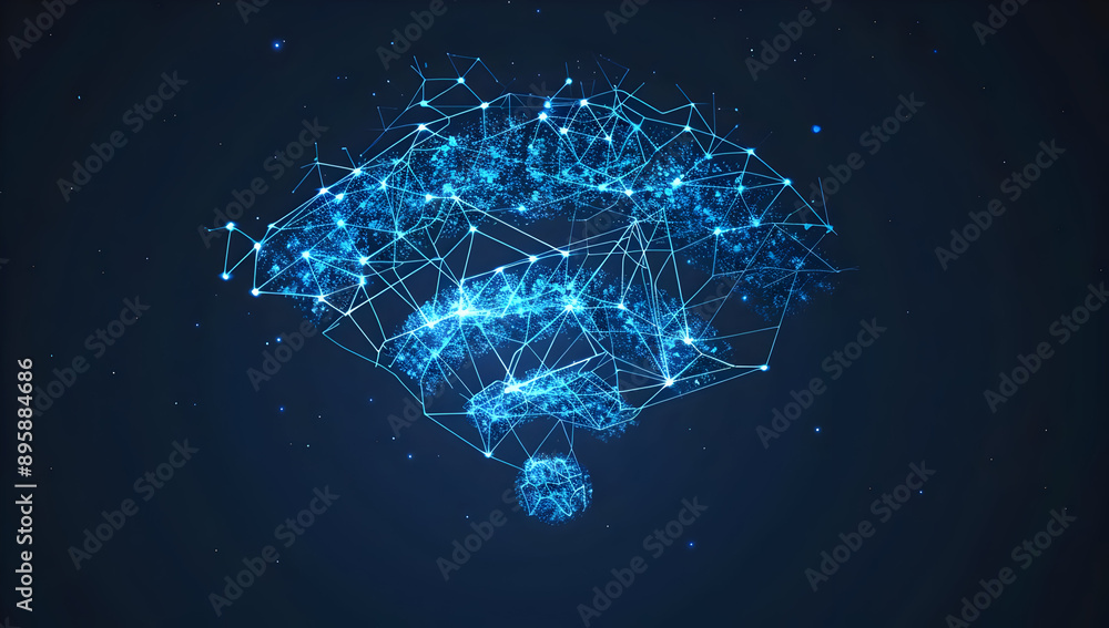 Poster digital representation of a brain, showcasing neural connections through blue nodes and lines on a d