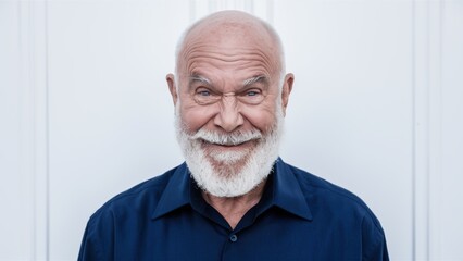 Obraz premium A man with a white beard and blue shirt smiling, AI