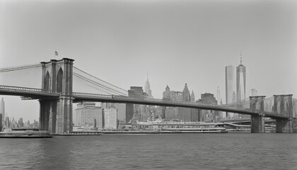 Vintage Black and White Photo of Brooklyn Bridge and Manhattan Skyline, Classic New York City Urban Scene