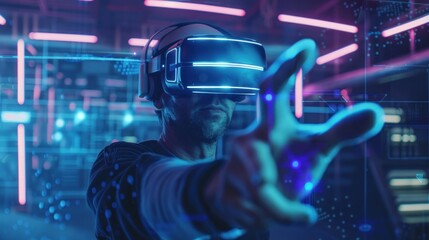 Man wearing VR headset in a futuristic setting