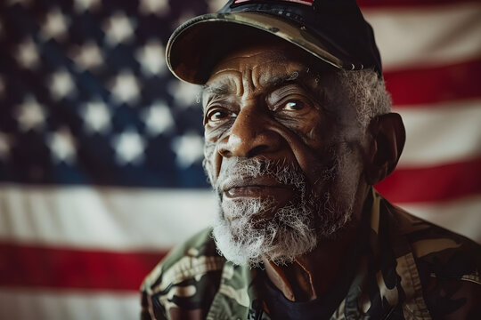 Elderly veteran in uniform and cap, standing with an American flag in the background, reflecting pride, patriotism, and service.