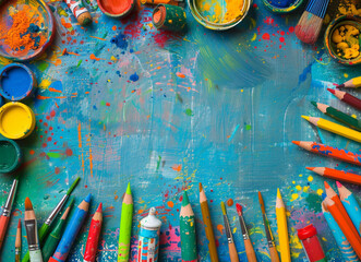 Fototapeta premium bright background with untidy crayons and painting and tinker utensils for kids, with space in the middle