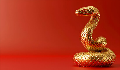 Fototapeta premium Golden snake sculpture in coiled position on vibrant red background. Symbolizes wealth, power, and luxury. Ideal for art and decor themes.