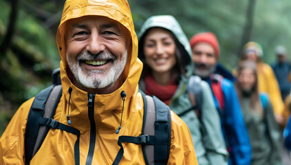 Fototapeta premium Group of happy hikers in rain jackets walking through a lush green forest, enjoying the outdoor adventure and nature.