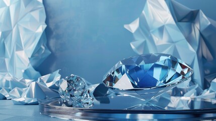 Crystal podium, blue diamond background, 3D luxury product stand, glass platform, abstract render, jewelry and cosmetic display scen