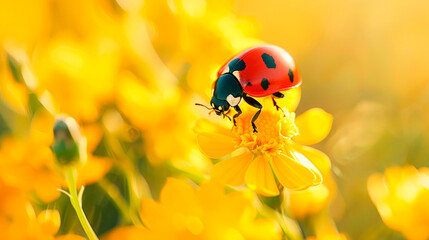 Fototapeta premium Close-up of ladybird sitting on blossoming summer flowers.