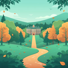 Obraz premium A drawing of a path leading to a house with a large tree in the background. The path is lined with trees and leaves, giving the impression of a peaceful, serene setting