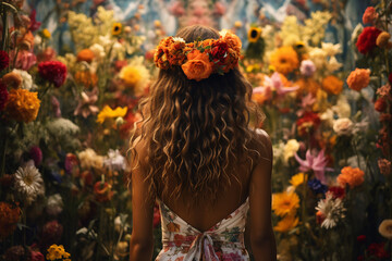 Obraz premium Lovely gorgeous woman completely surrounded by spring flowers AI generative image